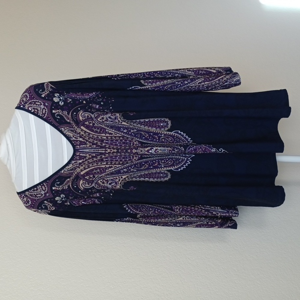 Effortless Style Bohemian Paisley Tunic Bell Sleeves Blue Purple Tan Womens Lg